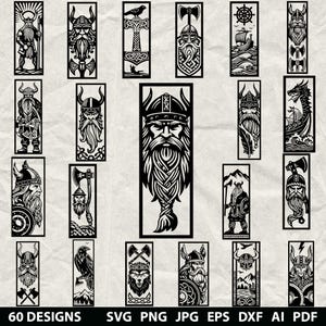 Könnte beinhalten: Eine Sammlung von 20 schwarz-weißen Designs zum Thema Wikinger. Jedes Design zeigt eine andere Wikingerfigur, Axt oder ein Symbol, wie einen Raben, ein Schiff oder einen Drachen. Der Text "60 DESIGNS" und Dateityp-Optionen sind unten.