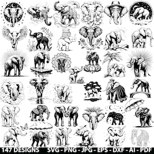 May include: A collection of 147 black and white elephant illustrations. The elephants are depicted in various poses, including standing, walking, and sitting. Some elephants are adorned with flowers, while others are wearing hats or crowns. The illustrations are perfect for use in crafting projects, scrapbooking, or digital design.