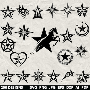 May include: A selection of black star designs, featuring diverse styles such as a star with a horse silhouette, stars with hearts, and stars with a tree motif. The image includes the text "200 DESIGNS" and file type abbreviations.