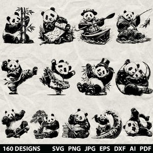 May include: A collection of black and white panda illustrations in various poses. Pandas are shown holding bamboo, reading, rowing a boat, fishing, doing karate, dancing, and more. The image includes the text "160 DESIGNS" and file type options.