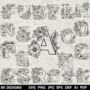Puede incluir: Letras del alfabeto floral en blanco y negro. Cada letra está decorada con diseños detallados de flores y hojas. La imagen incluye el texto "80 DESIGNS" e información de tipo de archivo: SVG PNG JPG EPS DXF AI PDF.