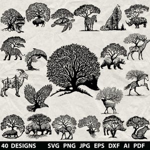 May include: A collection of black and white illustrations depicting animals such as a raccoon, zebra, and bear, each with a tree-like design. The image includes 40 designs, with file formats listed.