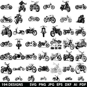Könnte beinhalten: Eine Sammlung von 194 Schwarzweiß-Illustrationen von Motorrädern und Rollern. Die Designs sind in verschiedenen Stilen gehalten, darunter Vintage, modern und individuell. Die Illustrationen eignen sich perfekt für den Einsatz in digitalen Projekten wie Website-Design, Social-Media-Grafiken und Druckprojekten.