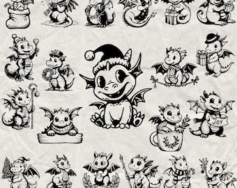 May include: A collection of 20 black and white dragon illustrations in various poses, some with holiday themes. Dragons are depicted with wings, holding gifts, wearing hats, and more. The image includes the text "370 DESIGNS" and file type options.