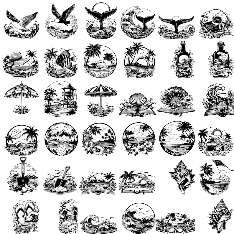 190 Beach Scene Bundle Svg, Dxf, Eps, Ai, Pdf, Jpg, Png Grayscale Burn ...
