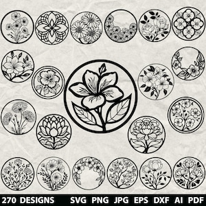 May include: A collection of 20 black and white floral designs in circular frames. The designs include various flowers and botanical elements. The image also includes the text "270 DESIGNS" and file type information.