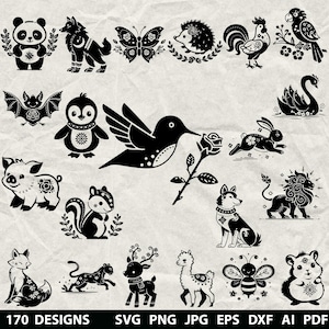 May include: A collection of 170 black and white animal designs in SVG, PNG, JPG, EPS, DXF, AI, and PDF formats. The designs include a panda, wolf, butterfly, hedgehog, rooster, parrot, bat, penguin, hummingbird, pig, squirrel, rabbit, swan, fox, deer, llama, bee, hamster, lion, and dog.