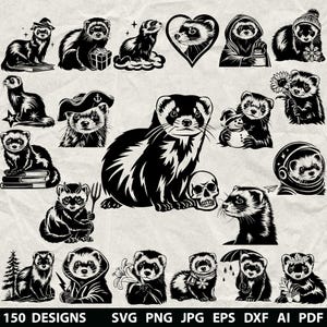 Puede incluir: Ilustraciones en blanco y negro de hurones en varias poses y disfraces. La imagen incluye hurones con sombreros, sosteniendo regalos y con cascos espaciales. El texto en la parte inferior dice "150 DISEÑOS SVG PNG JPG EPS DXF AI PDF."