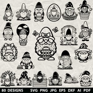 May include: A selection of 20 black and white gnome designs, each with unique features like Easter eggs, baskets, and hats. The image includes the text "80 DESIGNS" and file type options: SVG, PNG, JPG, EPS, DXF, AI, and PDF.