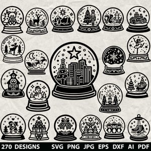 May include: A collection of black and white snow globe designs. Each globe features a different winter scene, including a teddy bear, deer, cityscape, and snowman. The image includes the text "270 DESIGNS" and file type options.