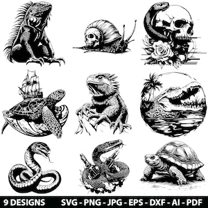 May include: Black and white illustrations of reptiles and other animals. Designs include an iguana, a snail with a skull shell, a skull with a snake, a turtle with a ship, a lizard, an alligator, a snake, a snake with a tattoo, and a turtle. The text "9 DESIGNS" is at the bottom.