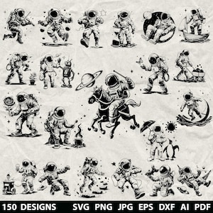 May include: A collection of 150 black and white astronaut designs in various poses, including playing a violin, riding a horse, and fishing. The image includes the text "150 DESIGNS" and file type information.