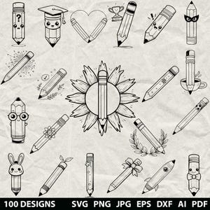 May include: Black and white line art illustrations of pencils with various designs, including a graduation cap, heart, trophy, and bow tie. The image includes the text "100 DESIGNS" and file type options.