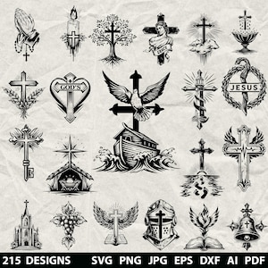 Könnte beinhalten: Eine Sammlung von 215 schwarz-weißen religiösen Designs, darunter Kreuze, eine Taube, eine Arche und eine Kirche. Die Designs sind in verschiedenen Stilen gehalten, mit Text am unteren Rand, der Dateiformate angibt: SVG, PNG, JPG, EPS, DXF, AI und PDF.