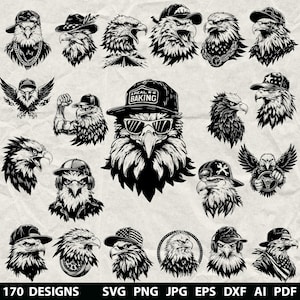 May include: A collection of black and white eagle illustrations in various styles. The eagles are depicted wearing hats, sunglasses, and accessories. The image includes the text "170 DESIGNS" and file type formats.