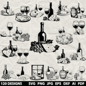 120 Wine and Cheese Bundle Svg, Dxf, Eps, Ai, Pdf, Jpg, Png Grayscale Burn Image Cut Vector Cnc Wood Cut Cricut Grapevine Silhouette