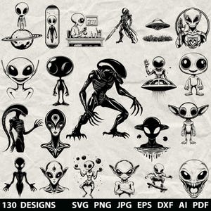 130+ Aliens Bundle Svg, Dxf, Eps, Ai, Pdf, Jpg, Png Spaceship Grayscale Burn Image Cut Vector Cnc Wood Cut File Cricut Alien Silhouette