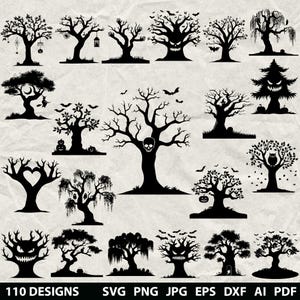 May include: A collection of 110 black tree designs in various styles, including spooky, Halloween-themed silhouettes. Some trees feature bats, pumpkins, and a skull. Formats include SVG, PNG, JPG, EPS, DXF, AI, and PDF.