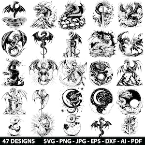 Könnte beinhalten: Ein Set mit 47 Schwarzweiß-Vektorillustrationen von Drachen in verschiedenen Posen. Die Drachen sind in einer Vielzahl von Umgebungen dargestellt, darunter Berge, Burgen und Monde. Die Illustrationen eignen sich perfekt für den Einsatz in digitalen und Druckprojekten.