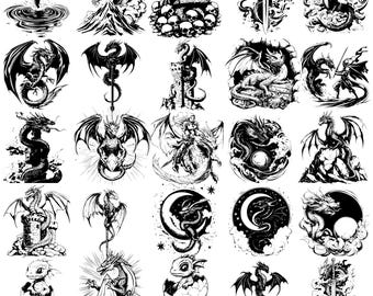 May include: A set of 47 black and white vector illustrations of dragons in various poses. The dragons are depicted in a variety of settings, including mountains, castles, and moons. The illustrations are ideal for use in digital and print projects.