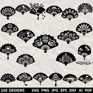 Puede incluir: Una colección de abanicos decorativos negros con varios diseños, incluyendo patrones florales, paisajes y formas geométricas. Los abanicos se muestran sobre un fondo texturizado blanquecino. La imagen incluye el texto "220 DISEÑOS" e información sobre el tipo de archivo.