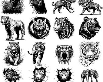 Puede incluir: Un conjunto de 17 ilustraciones de tigres en blanco y negro. Las ilustraciones presentan tigres en varias poses, incluyendo rugiendo, caminando y sentados. Algunas ilustraciones presentan un tigre montando un caballo. Las ilustraciones son perfectas para usar en proyectos de manualidades, scrapbooking y diseño digital.