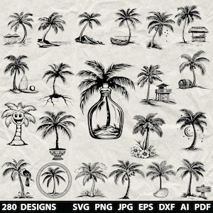 280+ Palm Tree Bundle Svg, Dxf, Eps, Ai, Pdf, Jpg, Png  Tropical Grayscale Burn Image Cut Vector Cnc Wood Cut Cricut Hawaii Beach Silhouette