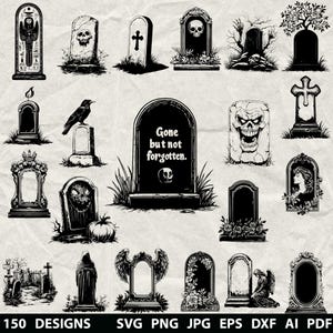 150+ Tombstone Bundle Svg, Dxf, Eps, Ai, Pdf, Jpg, Png Gravestone Grayscale Burn Image Cut Vector Wood Cut Gothic Grave Tombstone Silhouette