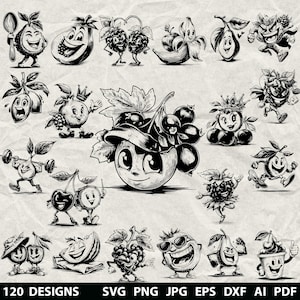 120 Kawaii Fruits Svg, Dxf, Eps, Ai, Pdf, Jpg, Png Food Grayscale Burn Image Cut Vector Cnc Wood Cut Cricut Funny Fruits Silhouette