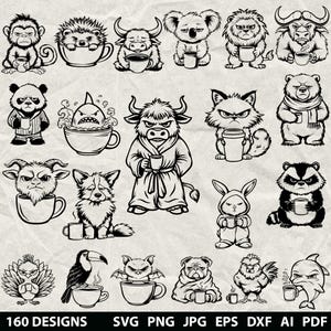 Puede incluir: Ilustraciones en blanco y negro de varios animales, cada uno sosteniendo una taza de café y con expresiones de mal humor. La imagen incluye un mono, un erizo, un toro, un koala, un león y más. El texto "160 DISEÑOS" también está presente.