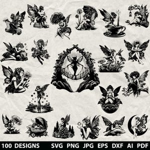 Pacote com 100 fadas Svg, Dxf, Eps, Ai, Pdf, Jpg, PNG, Fada em tons de cinza, imagem queimada, corte vetorial, arquivo de corte de madeira CNC, Cricut, silhueta de fada, conto de fadas
