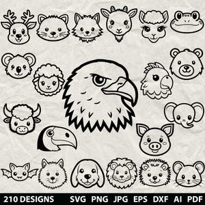 May include: Black and white line art illustrations of various animals, including a deer, cat, fox, goat, llama, frog, koala, sheep, eagle, parrot, bear, yak, toucan, bat, dog, lion, hedgehog, pig, elephant, and mouse. The image includes the text "210 DESIGNS" and file type options.