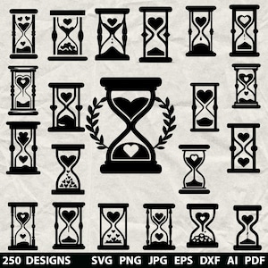 May include: A collection of black hourglass designs with heart-shaped elements. The image includes various styles of hourglasses, some with hearts in the center and others with heart-shaped details. The text at the bottom reads "250 DESIGNS SVG PNG JPG EPS DXF AI PDF".