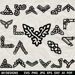 May include: A collection of 18 black corner designs in various styles, including Celtic knots, ribbons, and floral motifs. The image includes the text "80 DESIGNS" and file type abbreviations.
