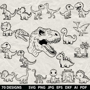 Könnte beinhalten: Schwarz-Weiß-Illustrationen von Dinosauriern in verschiedenen Posen, darunter ein T-Rex-Kopf und ein Triceratops. Der Text "70 DESIGNS" und Dateityp-Abkürzungen sind enthalten.