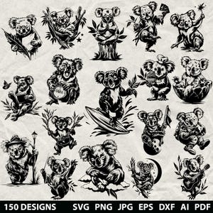 150 Koala Bundle Svg, Dxf, Eps, Ai, Pdf, Jpg, Png Koalabjörn Gråskala Bränn Bild Skär Vektor CNC Träskärningar Djur Cricut Koala Siluett