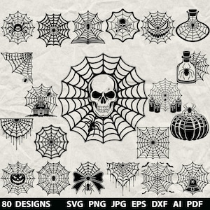 May include: Black and white Halloween-themed digital designs featuring spiderwebs, spiders, skulls, a haunted house, a pumpkin, and a bow. The designs are available in SVG, PNG, JPG, EPS, DXF, and AI PDF formats. The text "80 DESIGNS" is at the bottom.