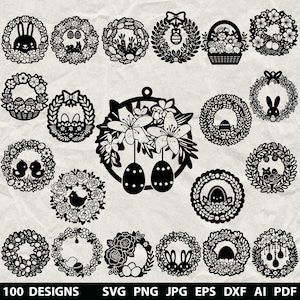 May include: Black and white Easter-themed SVG designs. The image features various wreath designs with bunnies, eggs, flowers, and birds. The bottom of the image has the text "100 DESIGNS SVG PNG JPG EPS DXF AI PDF".