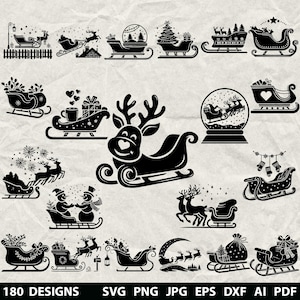 May include: A selection of black Christmas sleigh designs, featuring reindeer, snow globes, and gifts. The designs are varied, with festive foliage and other decorative elements. The text "180 DESIGNS" and file type options are at the bottom.