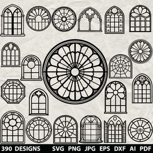 以下が含まれることがあります： さまざまな形状とスタイルで、390種類の白黒窓のデザインを集めたものです。デザインには、アーチ型、円形、長方形の窓が含まれており、複雑なパターンと詳細が施されています。画像には、ファイル形式のオプションも含まれています：SVG、PNG、JPG、EPS、DXF、AI、PDF。