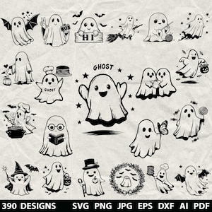 May include: A collection of black and white ghost illustrations in various poses. Some ghosts have accessories like a witch hat, butterfly, or holding a sign. The image includes the text "390 DESIGNS" and file type options.