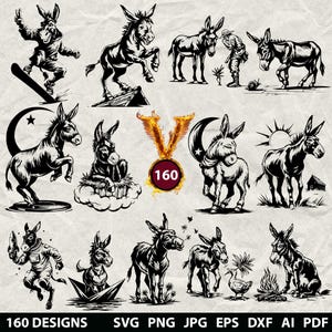 160 Donkey Bundle Svg, Dxf, Eps, Ai, Pdf, Jpg, Png Donkey Grayscale Burn Image Cut Vector Cnc Wood Cut  File Cricut Farm Animals Silhouette