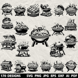 May include: Black and white illustrations of various barbecue grills and smokers, with flames and food. Designs include charcoal grills, gas grills, and smokers. Text at the bottom reads "170 DESIGNS SVG PNG JPG EPS DXF AI PDF".