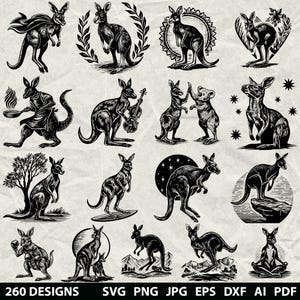 May include: A collection of 12 black and white kangaroo illustrations in various poses. Some kangaroos are depicted with accessories like a cape, violin, or boxing gloves. The image includes the text "260 DESIGNS" and file type abbreviations.