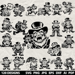 May include: Black and white illustrations of leprechauns in various poses, holding items like shamrocks, beer, and a suitcase. The image includes text at the bottom that reads "120 DESIGNS SVG PNG JPG EPS DXF AI PDF".