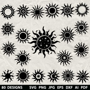 May include: A collection of 18 black sun designs with various styles and details, including starbursts, moons, and geometric patterns. The image includes the text "80 DESIGNS" and file type options.