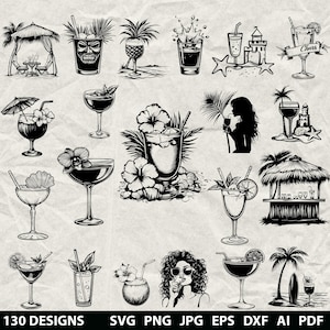 130+ Cocktail Bundle Svg, Dxf, Eps, Ai, Pdf, Jpg, Png Party Scala di grigi Brucia Immagine Tagliata Vettoriale Cnc Legno Tagliato Alcol Cricut Cocktail Silhouette