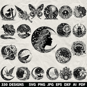 Puede incluir: Una colección de 330 diseños en blanco y negro con temas celestiales y místicos. Los diseños incluyen siluetas de una pareja en una luna creciente, una mariposa, el perfil de una mujer en una luna creciente y otros elementos inspirados en la naturaleza. La imagen también incluye información sobre el tipo de archivo.