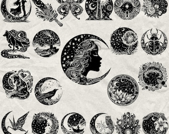 Könnte beinhalten: Eine Sammlung von 330 schwarz-weißen Designs mit himmlischen und mystischen Themen. Die Designs umfassen Silhouetten eines Paares auf einem Halbmond, einen Schmetterling, das Profil einer Frau in einem Halbmond und andere von der Natur inspirierte Elemente. Das Bild enthält auch Dateitypinformationen.