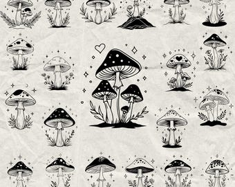 May include: A collection of 20 black and white mushroom designs. Each mushroom illustration has a unique cap design, some with dots, hearts, or stars. The image includes the text "80 DESIGNS" and file type abbreviations.